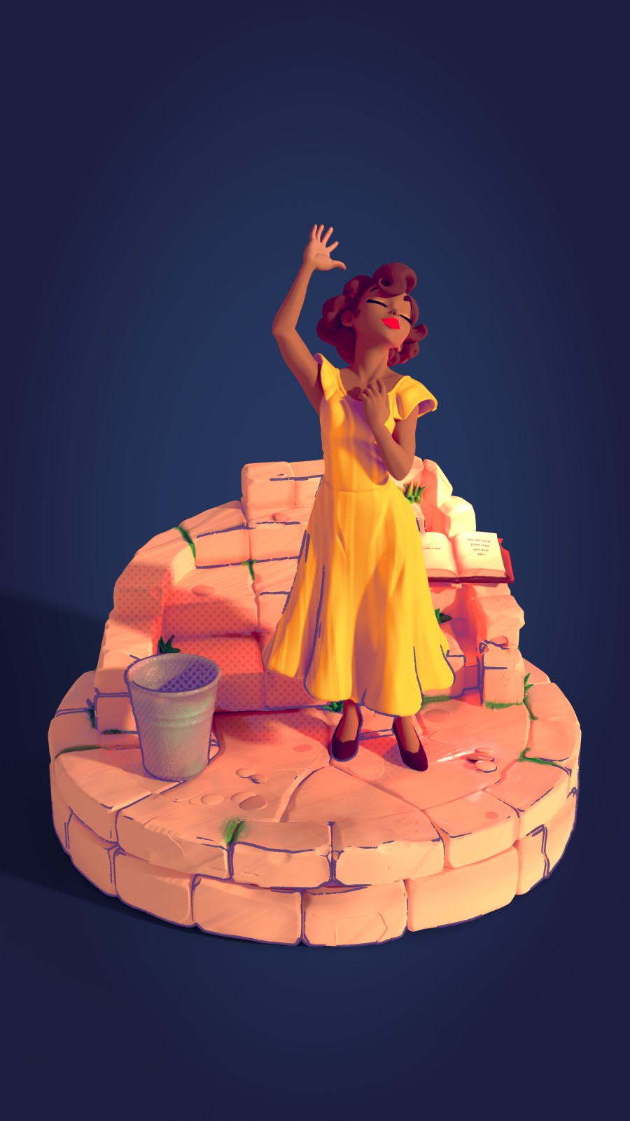 The Sculpted Edition: final painterly render of the figurine, front view, on a night-blue ground