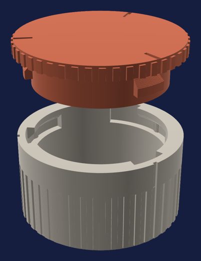 Exploded view of a round twist lock box, lid above base