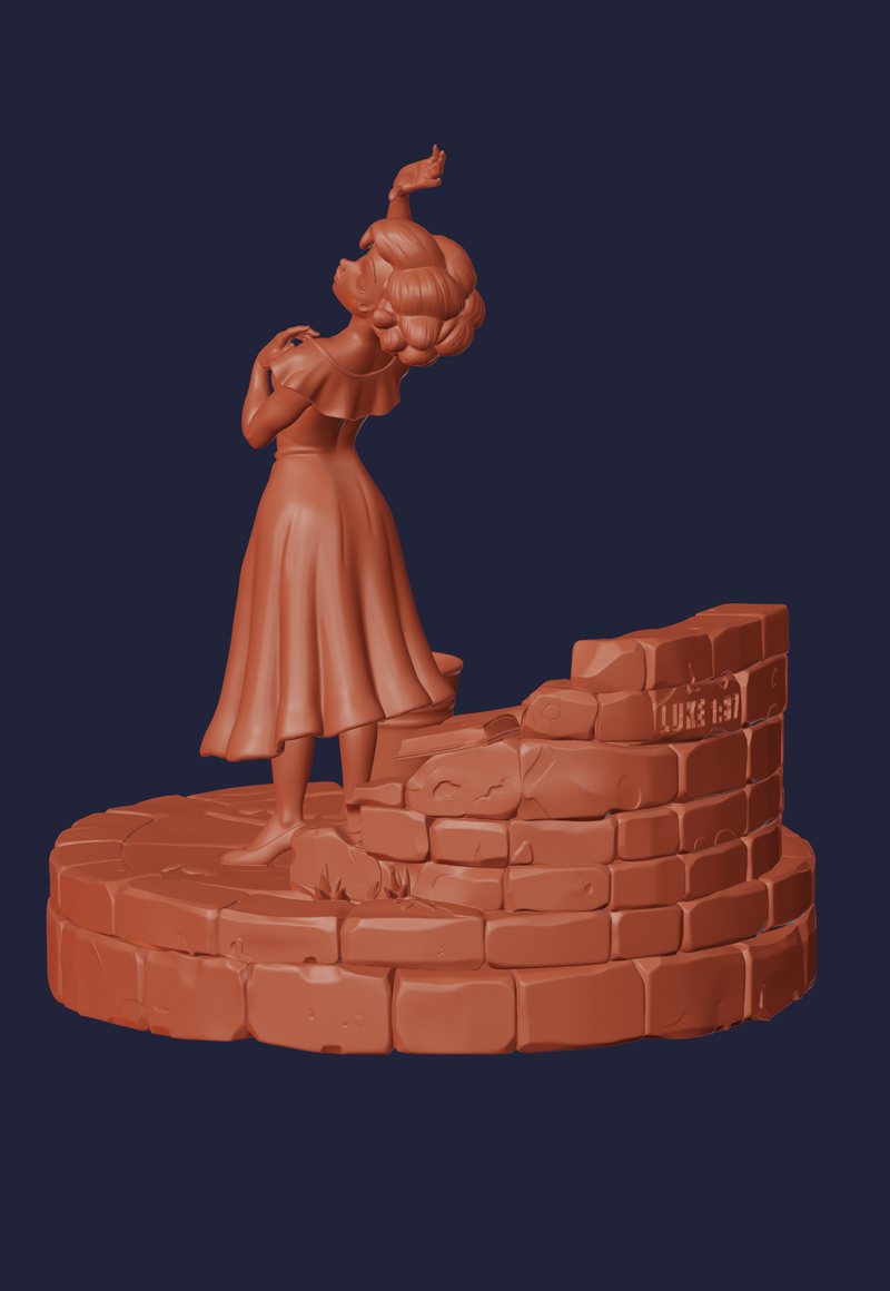 Clay render of the sculpt on a night-blue ground, with Luke 1:37 carved into the stone wall