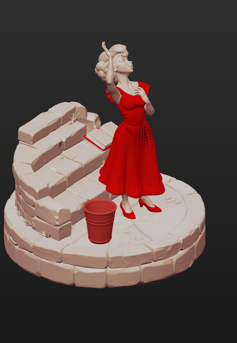 Sculpt with warm skin and stone tones and a red dress