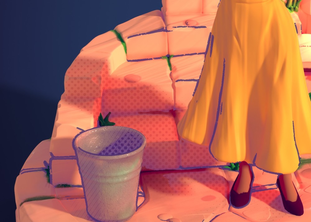Halftone dots inside the cast shadow on the rocks