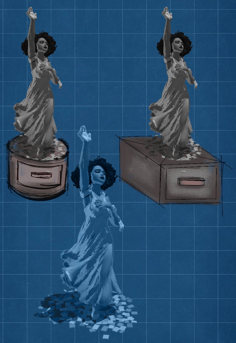 Blueprint-style sketches of the figure standing on a round drawer base and a rectangular drawer base