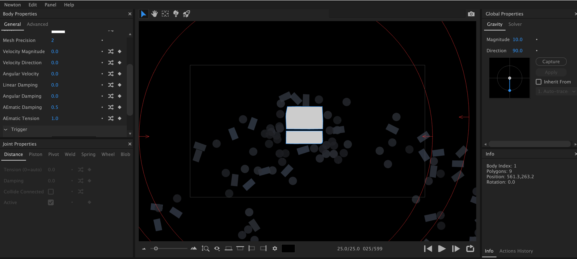 The rebuilt simulation in Newton. The words are the center body, with the shapes gathering around them.