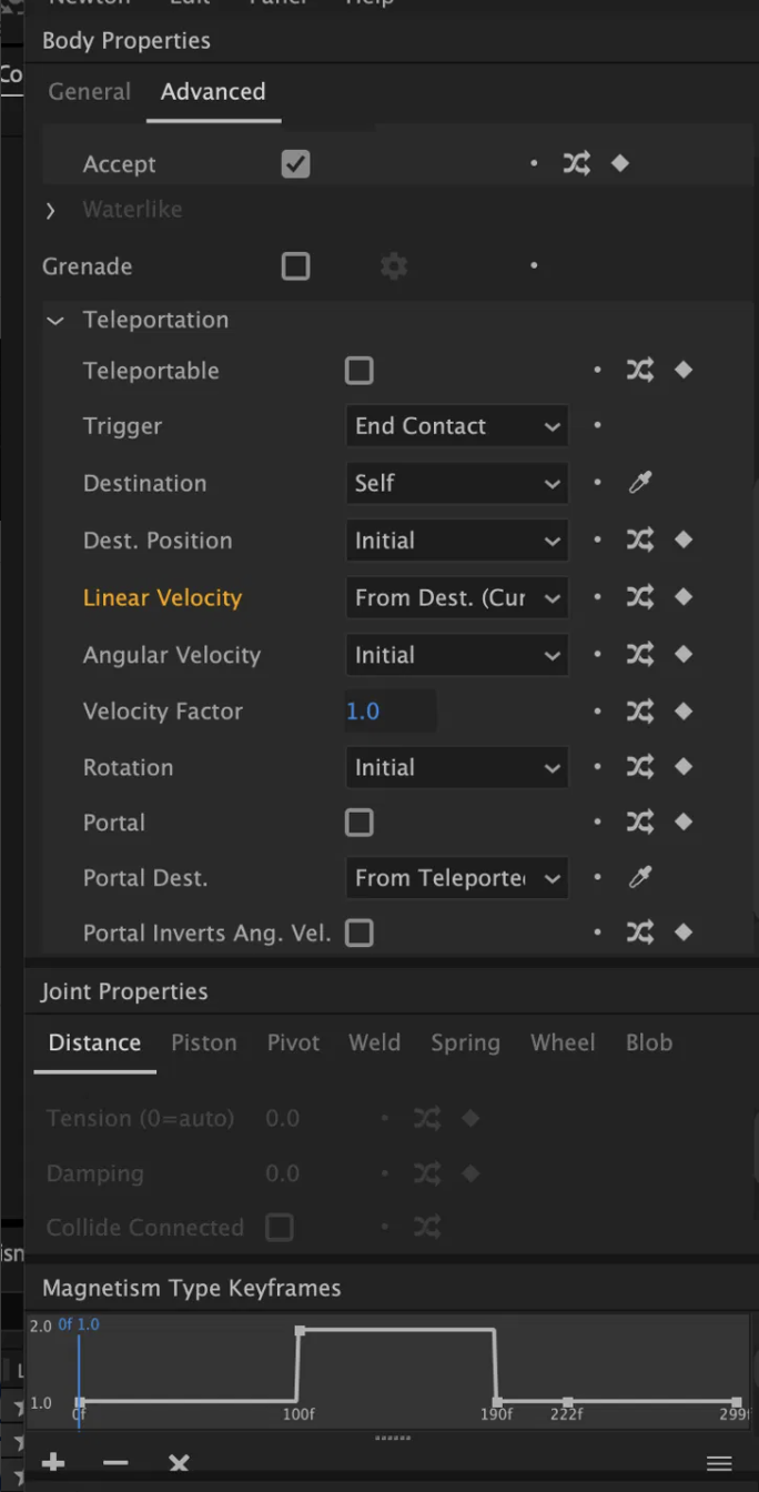 The Advanced tab, with the Magnetism Type keyframes running along the bottom.